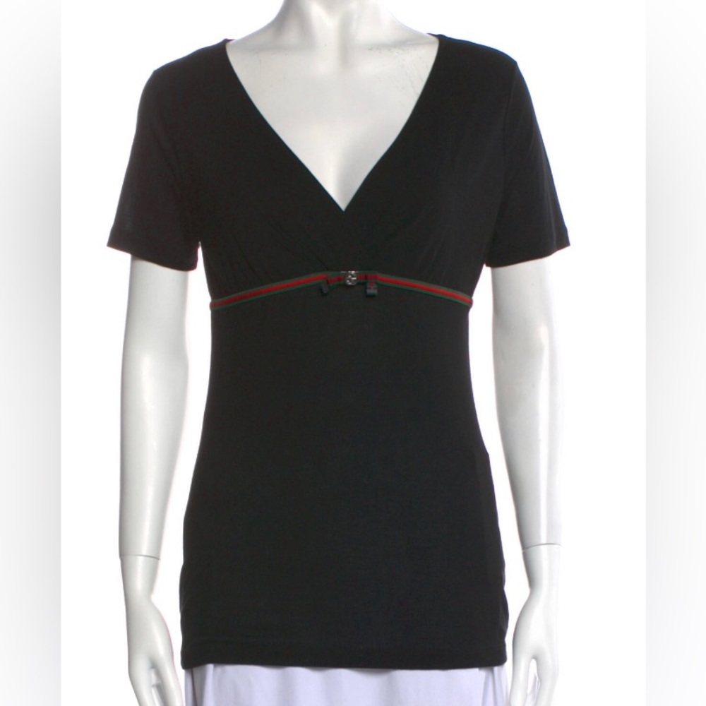 Gucci black modal t-shirt with signature green & red stripes. Auth - Picture 1 of 7